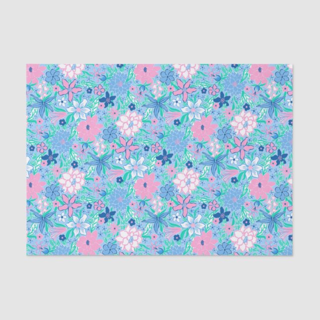 Preppy Palm Beach Print Blue und Pink Blume Seidenpapier (Vorderseite)