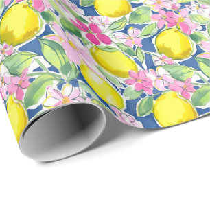 Preppy Palm Beach Print Blue und Yellow Lemons Geschenkpapier
