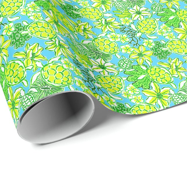 Preppy Palm Beach Print Green & Blue Turtles Geschenkpapier (Rolleneckpunkt)