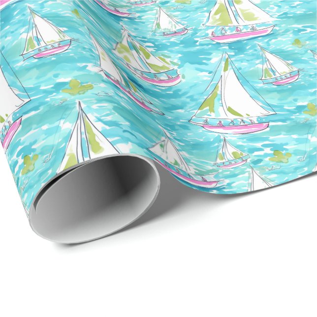 Preppy Palm Beach Print Pastell Sailboats Geschenkpapier (Rolleneckpunkt)