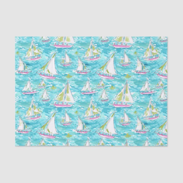 Preppy Palm Beach Print Pastell Sailboats Seidenpapier (Vorderseite)