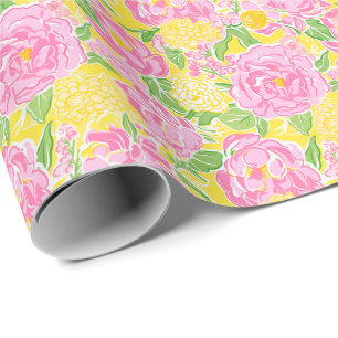 Preppy Palm Beach Print Pink and Yellow Flowers Geschenkpapier