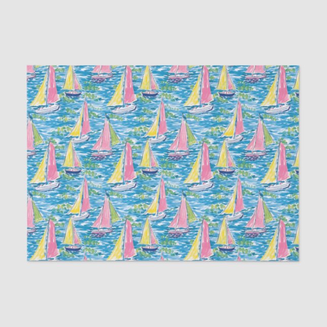 Preppy Palm Beach Print Pink and Yellow Sailboote Seidenpapier (Vorderseite)