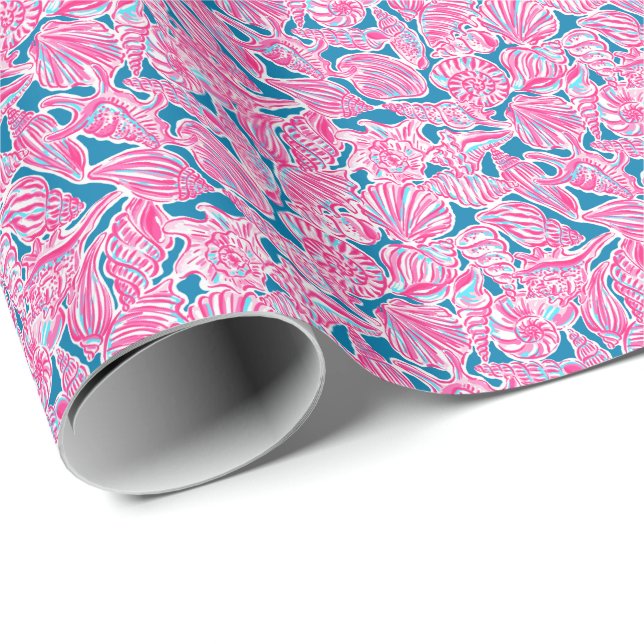 Preppy Palm Beach Print Pink & Blue Seashells Geschenkpapier (Rolleneckpunkt)