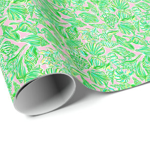 Preppy Palm Beach Print Pink & Green Seashells Geschenkpapier