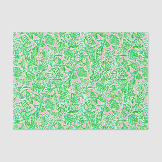 Preppy Palm Beach Print Pink & Green Seashells Seidenpapier (Vorderseite)