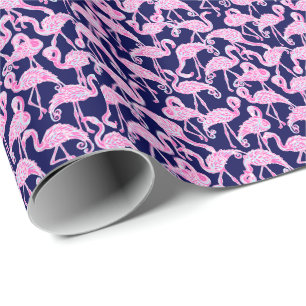 Preppy Palm Beach Print Pink & Navy Flamingos Geschenkpapier