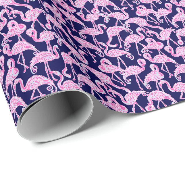 Preppy Palm Beach Print Pink & Navy Flamingos Geschenkpapier (Rolleneckpunkt)