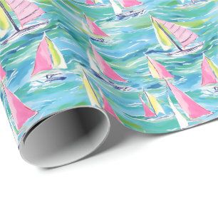 Preppy Palm Beach Print Pink Sailboote Geschenkpapier