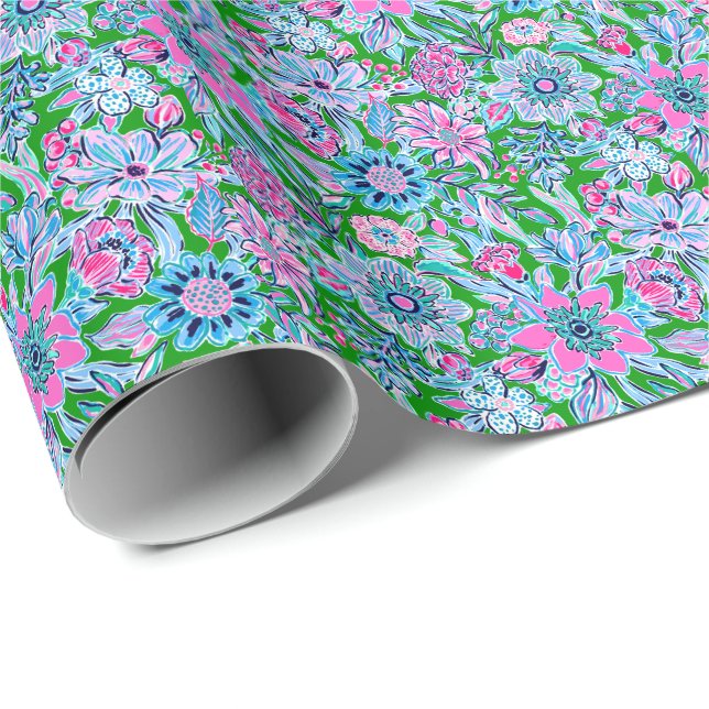 Preppy Palm Beach Print Pink und Green Blume Geschenkpapier (Rolleneckpunkt)