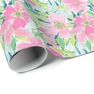 Preppy Palm Beach Print Pink und Green Blume Geschenkpapier