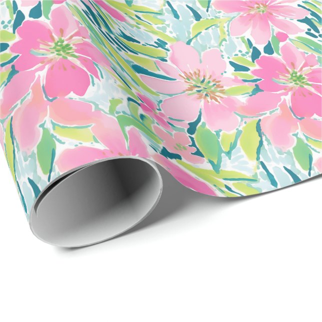 Preppy Palm Beach Print Pink und Green Blume Geschenkpapier (Rolleneckpunkt)