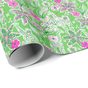 Preppy Palm Beach Print Pink und Green Giraffen Geschenkpapier