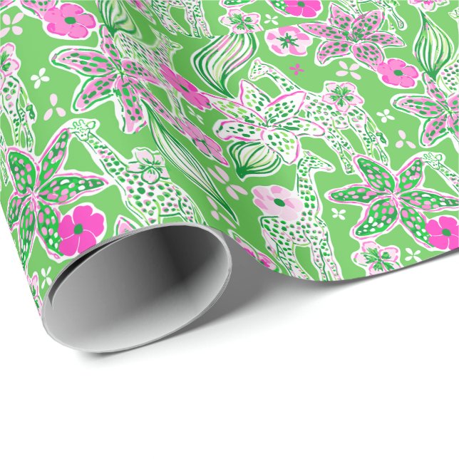 Preppy Palm Beach Print Pink und Green Giraffen Geschenkpapier (Rolleneckpunkt)