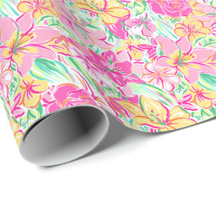 Preppy Palm Beach Print Pink & Yellow Lilie Blume Geschenkpapier