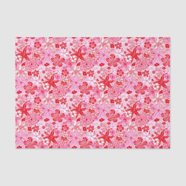 Preppy Palm Beach Print Rosa und Rote Blume Seidenpapier (Vorderseite)