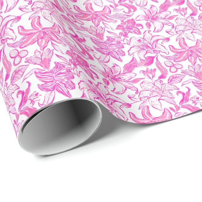Preppy Palm Beach Print Rosa und Weiß Blume Geschenkpapier (Rolleneckpunkt)