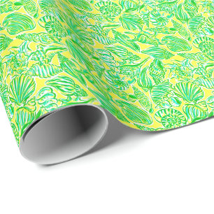 Preppy Palm Beach Print Yellow & Green Seashells Geschenkpapier