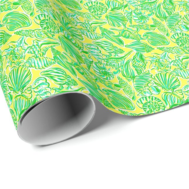 Preppy Palm Beach Print Yellow & Green Seashells Geschenkpapier (Rolleneckpunkt)