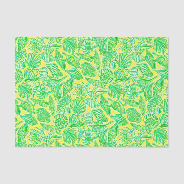 Preppy Palm Beach Print Yellow & Green Seashells Seidenpapier (Vorderseite)