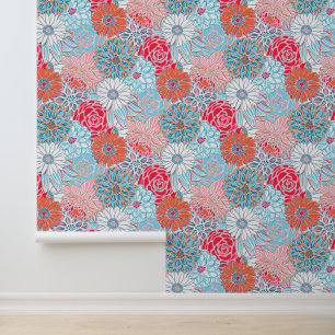 Preppy Palm Beach Red Orange und Blue Flowers Tapete