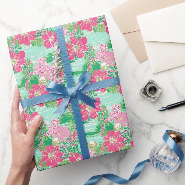 Preppy Palm Beach Tropical Blume Muster Geschenkpapier (Schenken)