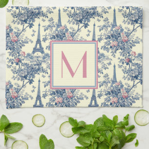 Preppy Paris Toile Pink und Blue Monogram Geschirrtuch