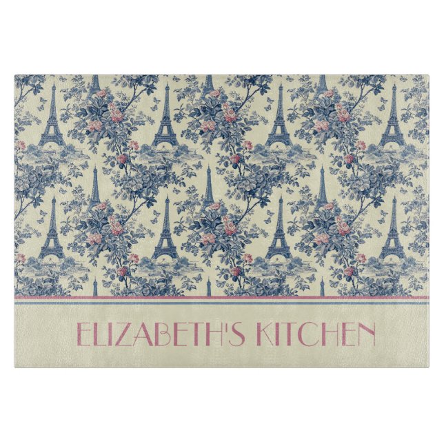Preppy Paris Toile Pink und Blue Monogram Schneidebrett (Vorderseite)