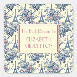 Preppy Parisian Toile Eiffel Tower Buchzeichen Quadratischer Aufkleber
