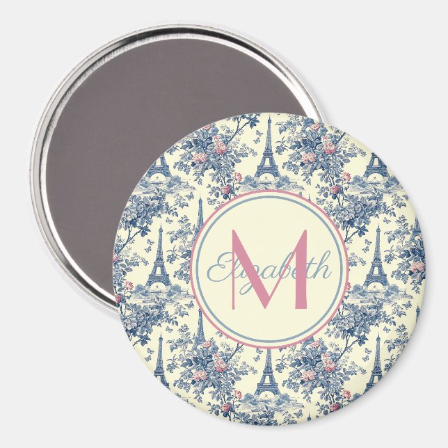 Preppy Parisian Toile Monogram Magnet (Vorderseite/Rückseite)