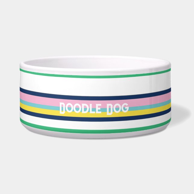 Preppy Pastel Stripes Personalisiert Hundekarte Napf (Vorderseite)