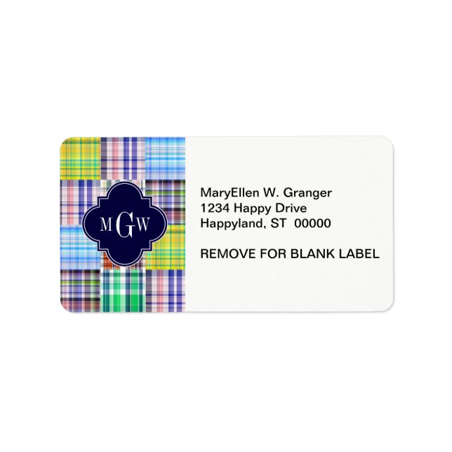 Preppy Patchwork Madras Navy Quatrefoil Monogram Adressaufkleber (Vorne)