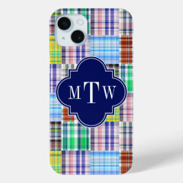 Preppy Patchwork Madras Navy Quatrefoil Monogram iPhone 15 Mini Hülle