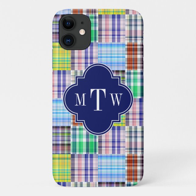 Preppy Patchwork Madras Navy Quatrefoil Monogram Case-Mate iPhone Hülle (Rückseite)