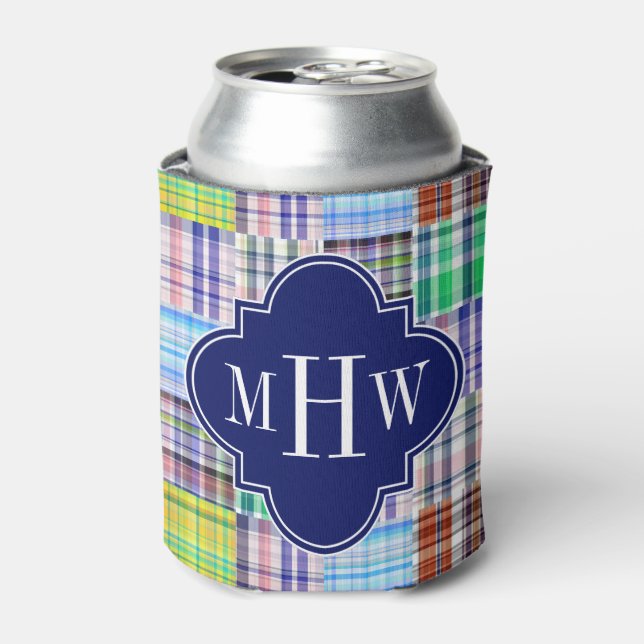 Preppy Patchwork Madras Navy Quatrefoil Monogram Dosenkühler (Kanne Vorderseite)