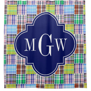 Preppy Patchwork Madras Navy Quatrefoil Monogram Duschvorhang