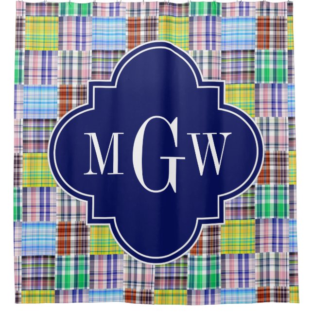 Preppy Patchwork Madras Navy Quatrefoil Monogram Duschvorhang (Vorderseite)