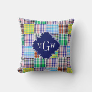 Preppy Patchwork Madras Navy Quatrefoil Monogram Kissen