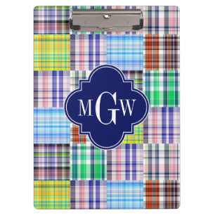 Preppy Patchwork Madras Navy Quatrefoil Monogram Klemmbrett