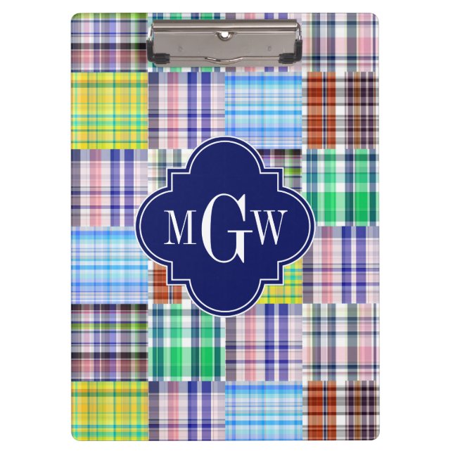 Preppy Patchwork Madras Navy Quatrefoil Monogram Klemmbrett (Vorderseite)