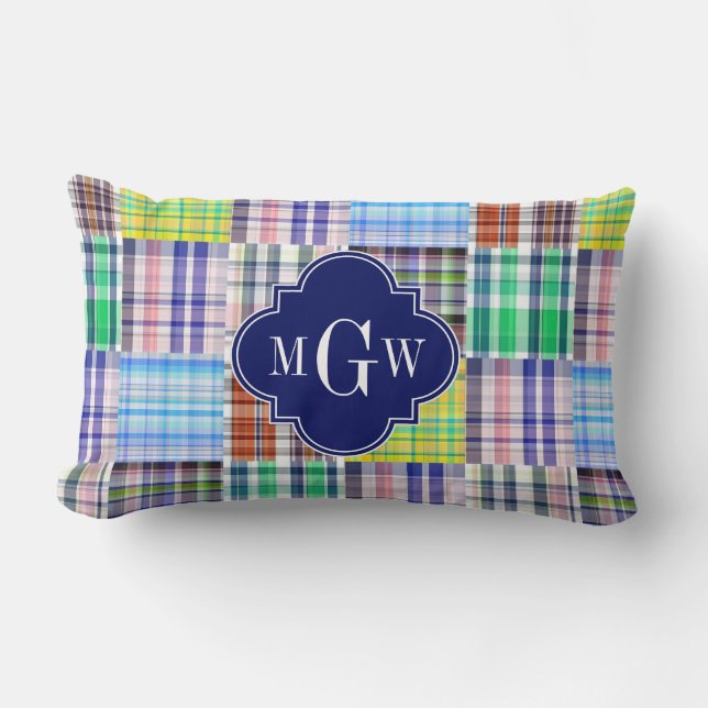 Preppy Patchwork Madras Navy Quatrefoil Monogram Lendenkissen (Vorderseite)