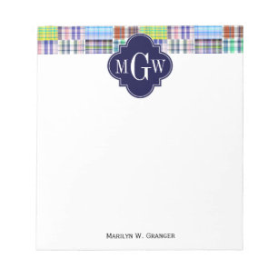 Preppy Patchwork Madras Navy Quatrefoil Monogram Notizblock