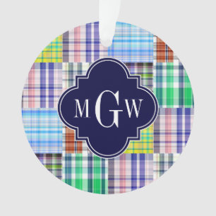 Preppy Patchwork Madras Navy Quatrefoil Monogram Ornament