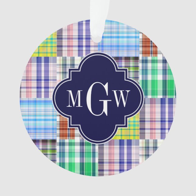 Preppy Patchwork Madras Navy Quatrefoil Monogram Ornament (Vorderseite)
