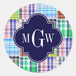 Preppy Patchwork Madras Navy Quatrefoil Monogram Runder Aufkleber