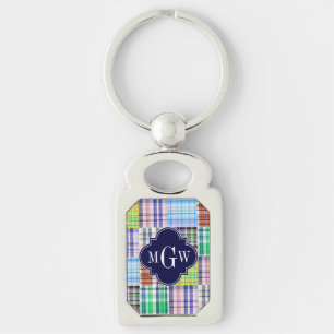 Preppy Patchwork Madras Navy Quatrefoil Monogram Schlüsselanhänger