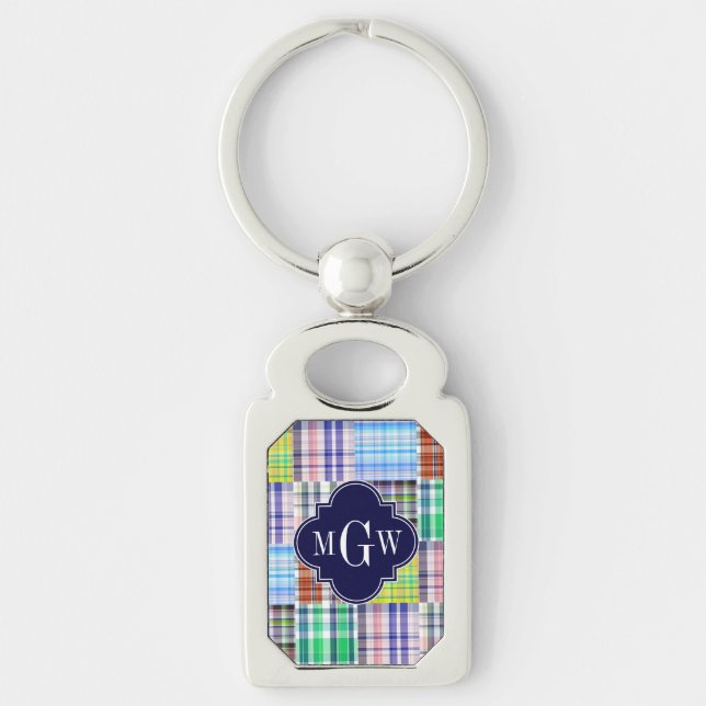 Preppy Patchwork Madras Navy Quatrefoil Monogram Schlüsselanhänger (Vorderseite)