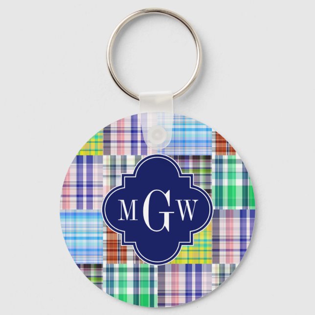 Preppy Patchwork Madras Navy Quatrefoil Monogram Schlüsselanhänger (Vorderseite)