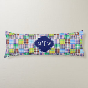 Preppy Patchwork Madras Navy Quatrefoil Monogram Seitenschläferkissen