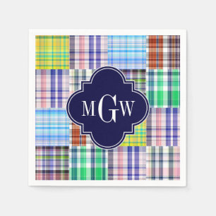 Preppy Patchwork Madras Navy Quatrefoil Monogram Serviette